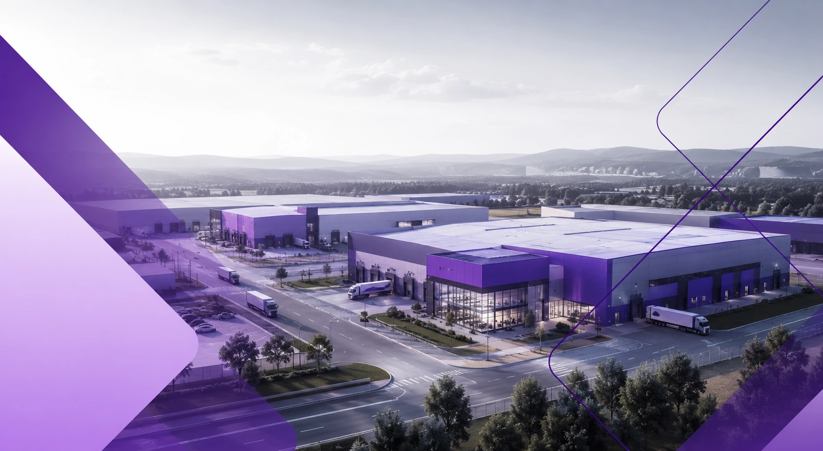 A modern industrial and logistics park with production halls and purple graphic elements in a business and technology style.