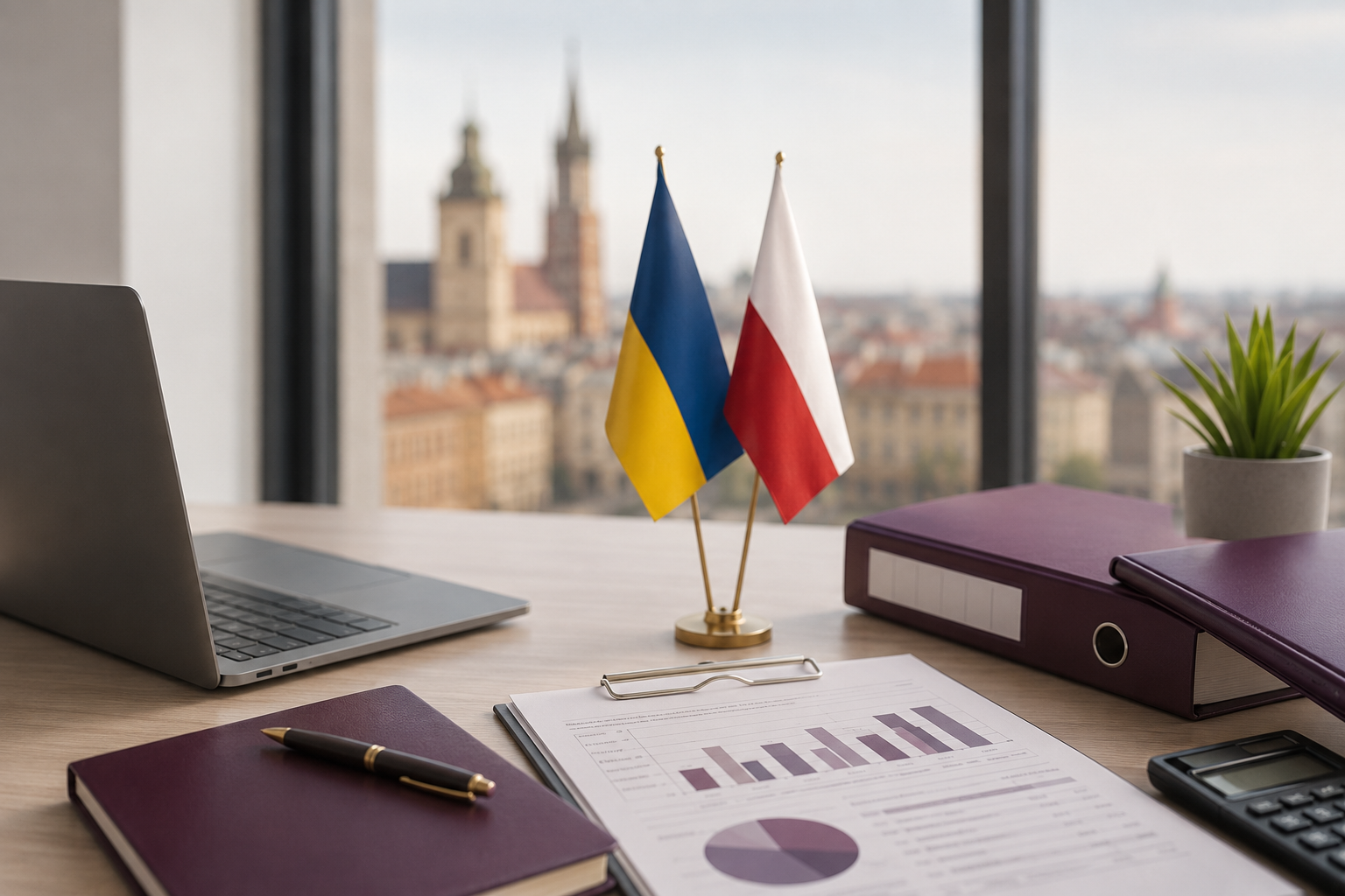 Робочий стіл у сучасному офісі з прапорами України та Польщі, ноутбуком, документами й бізнес-аналітикою для статті про відкриття фірми в Польщі.