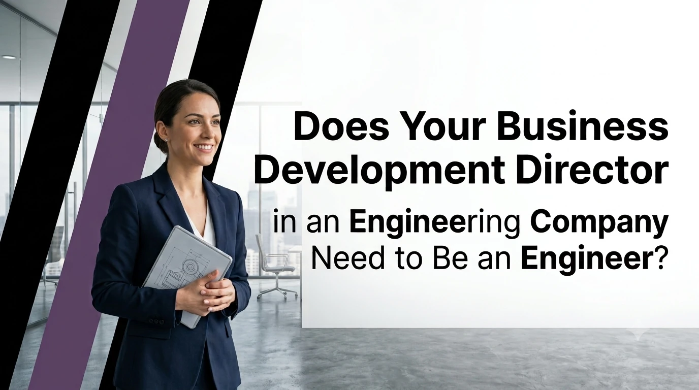 Smiling businesswoman in a navy suit holding engineering drawings in a modern office, beside the headline "Does Your Business Development Director in an Engineering Company Need to Be an Engineer?