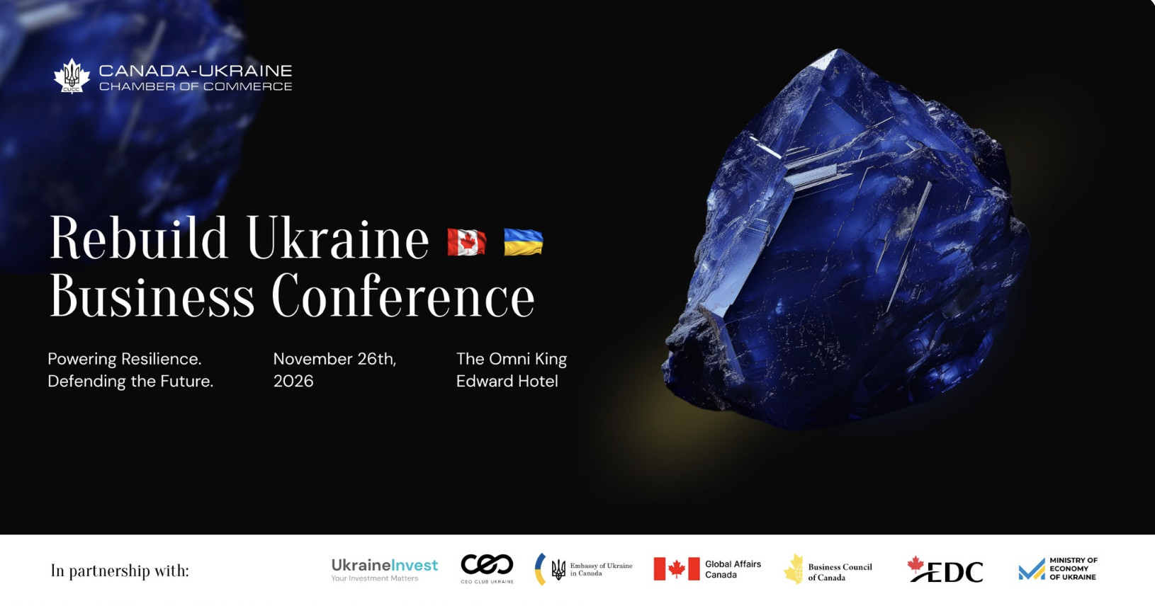 Rebuild Ukraine Business Conference 2026, Toronto — Canada-Ukraine Chamber of Commerce event banner with a blue crystal