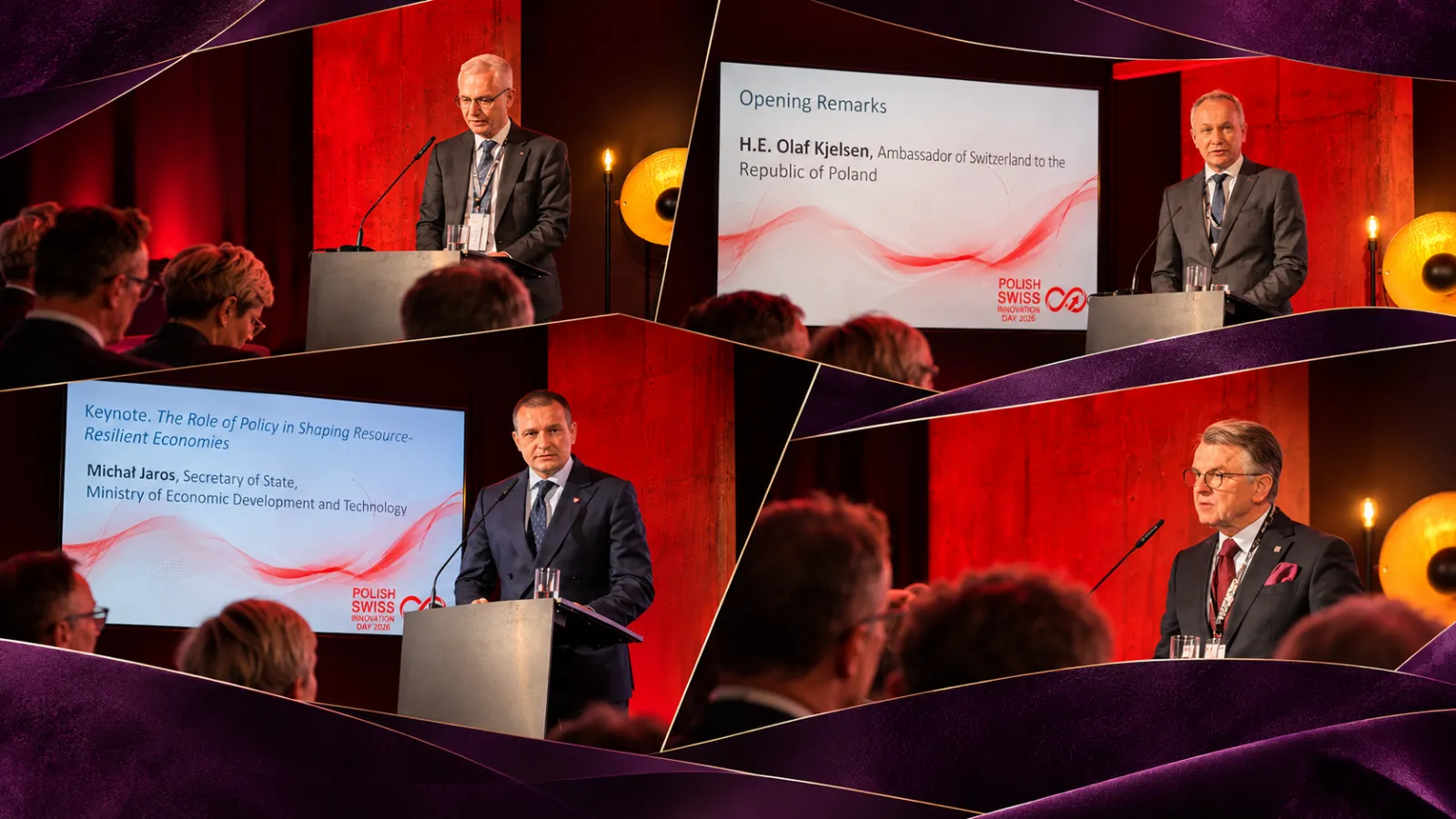 Polish-Swiss Innovation Day 2026 in Warsaw: H.E. Olaf Kjelsen (top left), Stanisław Tański (top right) and Michał Jaros (bottom left) on stage