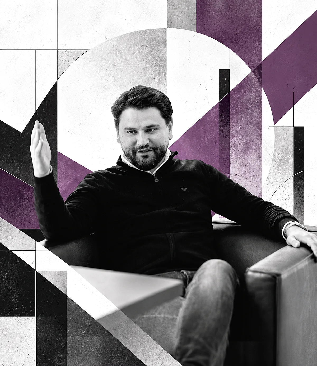 Dima V. Nechyporenko, Gründer von the nech, in einer konstruktivistischen Komposition aus violetten, schwarzen und grauen Flächen