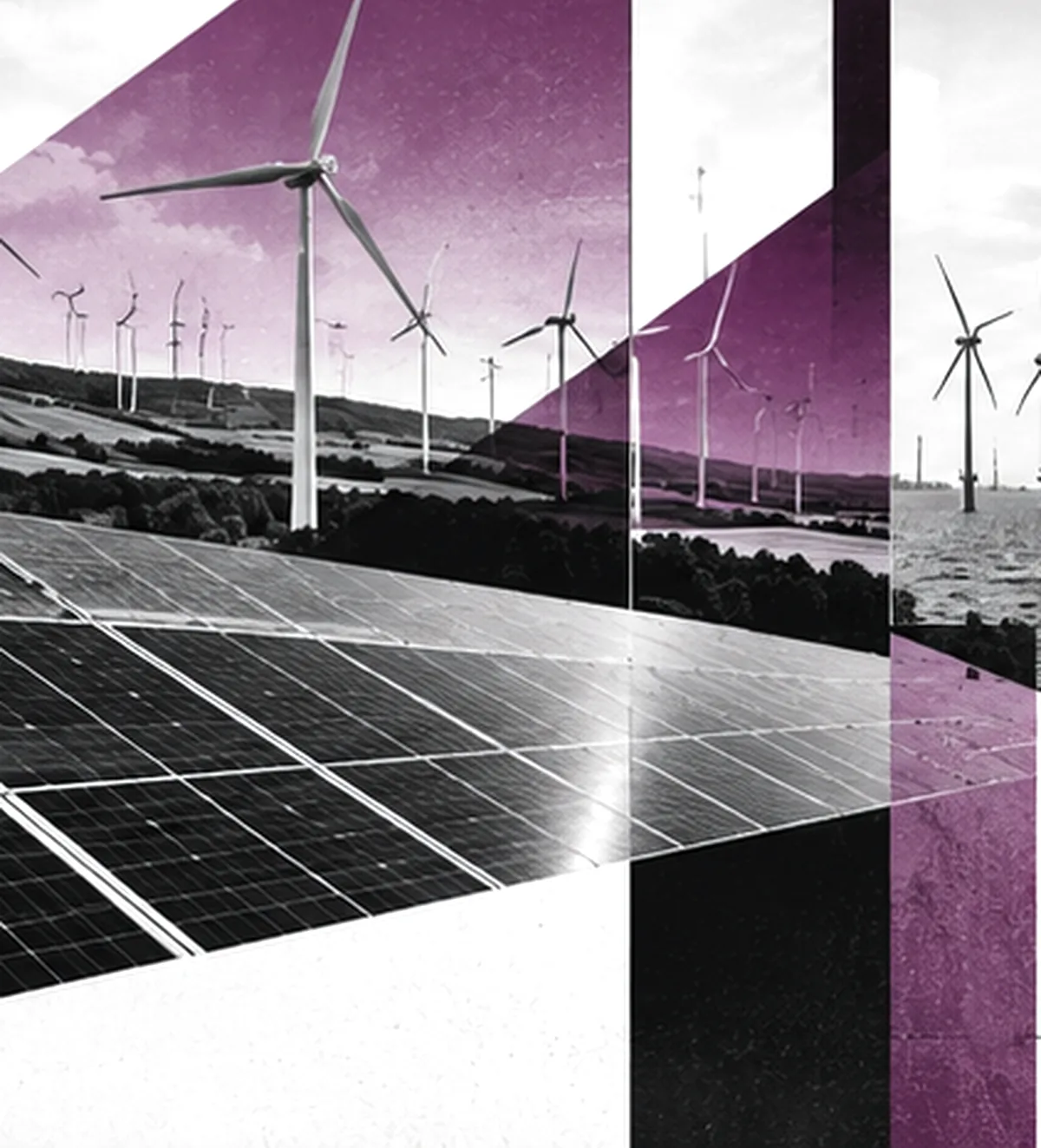 Solarmodule mit Windenergieanlagen an Land und auf See, konstruktivistische Illustration