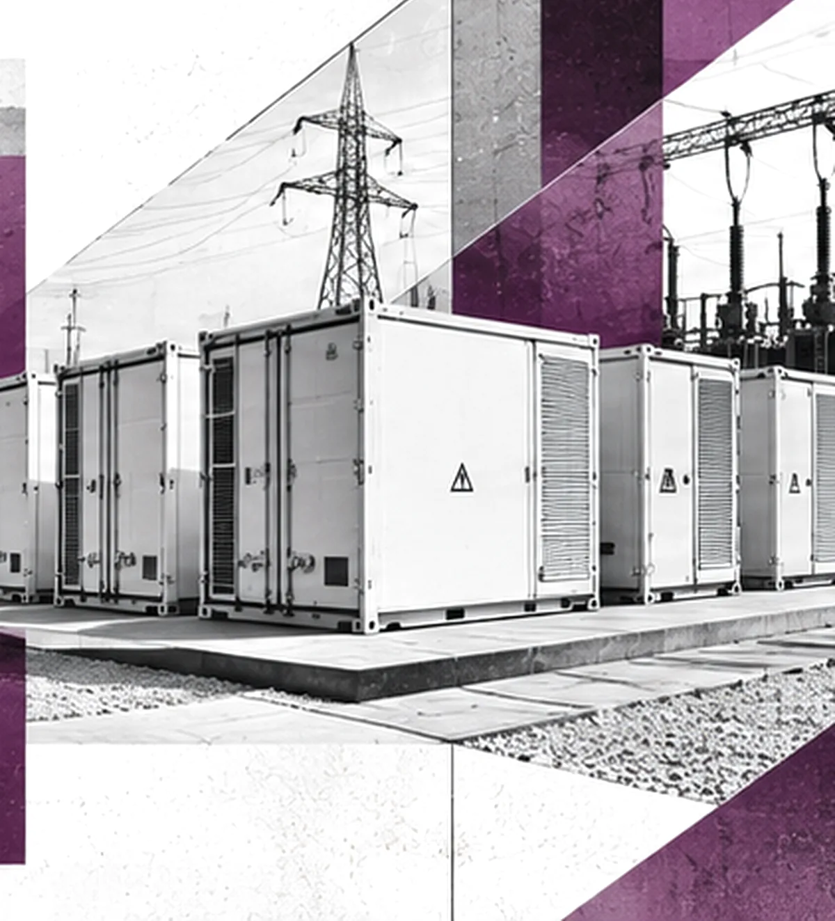 Batteriespeicher-Container neben einem Umspannwerk, konstruktivistische Illustration