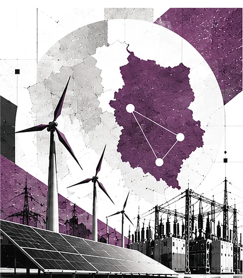 Polenkarte in Violett mit drei verbundenen Punkten, Windenergieanlagen, Solarmodulen und einem Umspannwerk